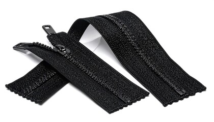 Close-up of a Black Zipper on a White Background, Textile Industry