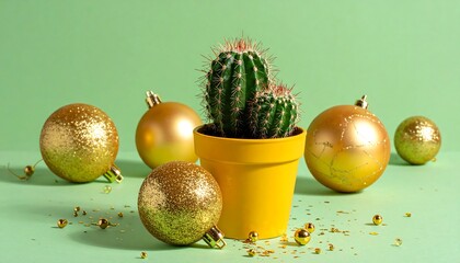Christmas Cactus with Baubles and Golden Sparkle on a Green Background