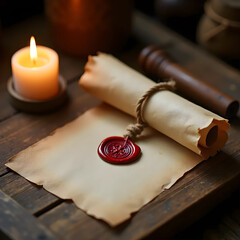 Vector art of illuminated scroll with wax seal and candle on a wooden surface at night
