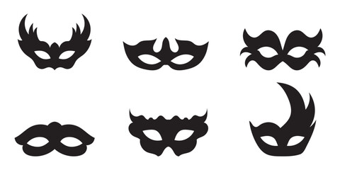 Mask superhero or carnival bandit burglar vector icon set. Black masquerade costume eye mask silhouette hidden villain scammer face. Simple design theater artist masque shape vector illustration. 