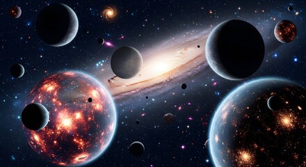 A mesmerizing cosmic ballet unfolds as planets dance amidst a vibrant galaxy, their celestial bodies illuminated by the radiant glow of distant stars