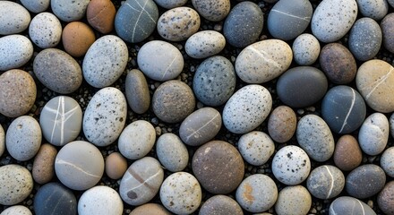 A captivating closeup showcases a mesmerizing array of smooth, rounded pebbles, their varied hues and textures creating a visually stunning mosaic pattern