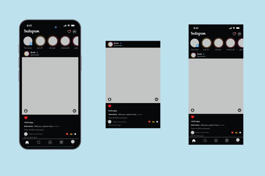 Instagram dark mode Feed and Post Mockup Kit. A social media template set including the latest UI 2025. An isolated post frame, iPhone mockup with Dynamic Island for showcasing marketing campaigns.