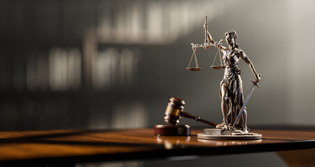 Legal Concept: Themis is the goddess of justice and the judge's gavel hammer as a symbol of law and order on the background of books