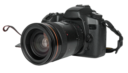 Digital SLR camera, black, with large lens, isolated