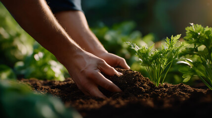 Gardener’s hands mixing compost into soil reflect sustainable practices, organic fertilization, zero waste living, and the cycle of ecological responsibility. three-quarter wide angle, cinematic