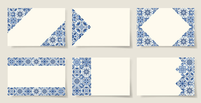 Set of elegant cards with blue azulejo floral borders. Traditional ornamental patterns inspired by Portuguese and Spanish porcelain tiles. Majolica navy blue pottery. Talavera style. Gaudi mosaic.