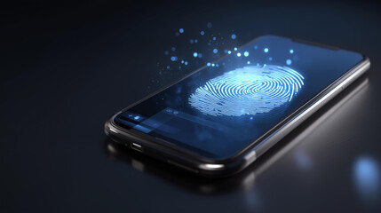 Floating biometric fingerprint and eye scan holograms over a sleek device, representing online security concept, identity verification, access control, advanced authentication, and secure login