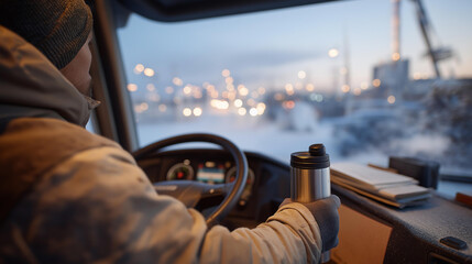 A driver, bundled in a wool coat, operates a snowplow, its blade scarred from use, on a city boulevard, its pavement icy. A metal thermos, its cap dented, steams on the dashboard, and a paper map,