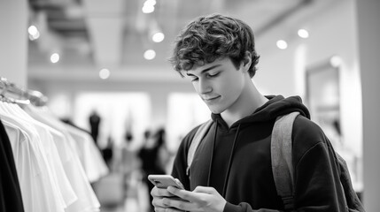 During a shopping day, a teenager browses a phone, its case scuffed, for deals in a clothing store, its racks metal and squeaky. A canvas backpack, its straps frayed, holds folded shirts, their