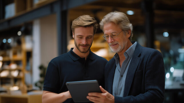 An adult son helps his old senior father with a tablet, its screen scratched, in a city library, its shelves wooden and polished. A paper bookmark, its edges creased, lies beside a leather case,