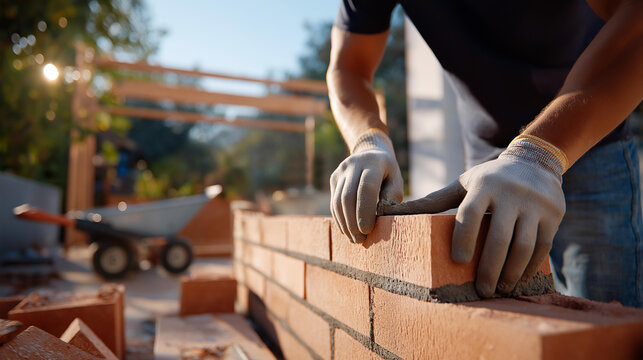 A team lays bricks for a new wall at a residential site, with trowels smoothing mortar, bricks stacking neatly, a wheelbarrow nearby, and a radio playing softly, shown in a detailed photo with