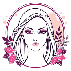 Beautiful woman with long blonde hair and pink makeup in a floral frame, a portrait for beauty and fashion themes