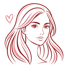 Illustration of a beautiful woman with long flowing hair and a heart isolated on white background a simple and elegant design