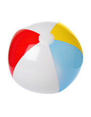 A vibrant beach ball, featuring red, yellow, and light blue sections on a white background