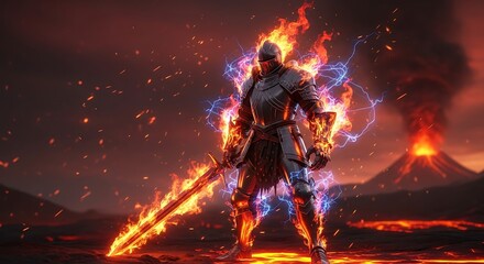 Fototapeta premium Warrior of Fire and Lava with Flaming Sword in Volcanic Landscape.
