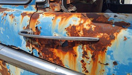 Close-up of an old rusty car door with peeling paint