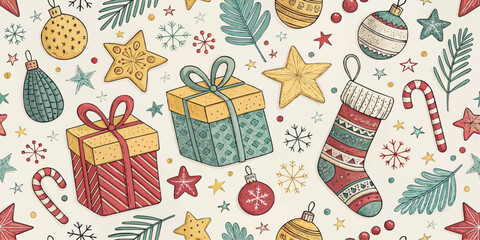 A christmas themed pattern with gifts ornaments snowflakes stars and candy canes on a light background