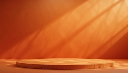 Minimalist wooden podium on an orange background, illuminated by diagonal rays of light and shadow for product display.