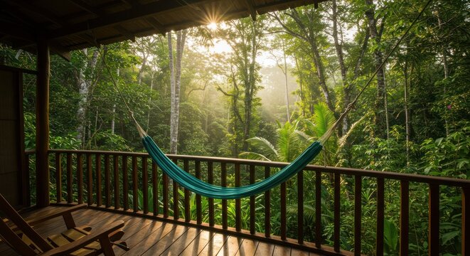 Rainforest view from wooden deck with hammock