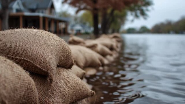 A row of bags of sand are piled up next to a body of water. The bags are brown and the water is murky. The scene is calm and peaceful, with the bags of sand acting as a barrier between the water