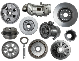 Assorted automotive parts.  A collage of various gray metal car parts, including wheels, rotors, transmissions, and clutch components, displayed on a white background