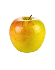 Close-up of a whole, round apple, vibrant yellow with reddish-pink stripes and speckles