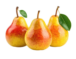 Three ripe pears, yellow and red, with green leaves