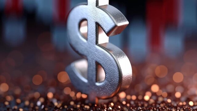 A silver dollar coin with a red background. The coin is placed on a surface with a red and black pattern