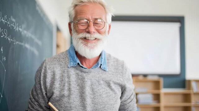 A man with glasses is writing on a blackboard. He is teaching a class. The chalkboard has numbers and equations on it. The man is wearing a blue shirt and has a beard