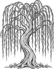 Weeping willow tree illustration with detailed line work