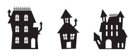 set of houses icons. Spooky haunted house silhouettes for halloween decorations