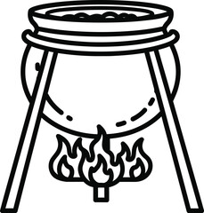 Simple line art of a cauldron over a fire on white background