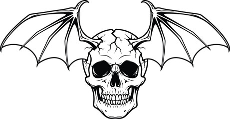 Skull with bat wings illustration in black and white art