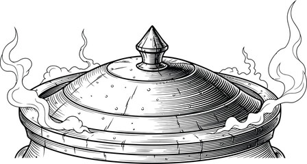 Steaming pot with lid illustration in black and white