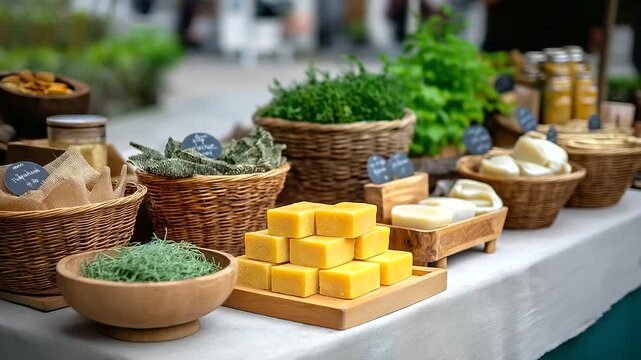 A bustling zero-waste market with stalls offering handmade soaps, bamboo utensils, and organic produce, set in a vibrant town square, zero-waste, sustainable, eco-friendly, ethical
