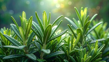 Close-up of lush green plants with water droplets under sunlight