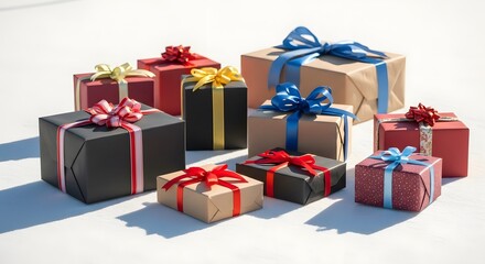 Obraz premium A collection of beautifully wrapped christmas presents in various colors and sizes, adorned with ribbons and bows, arranged on a pristine white surface