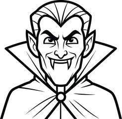 Cartoon vampire with fangs and cape in black and white