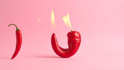 Chili pepper on fire concept against a pink background, representing heat