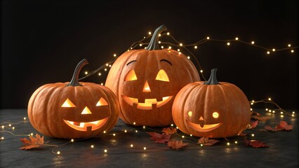 Creative Halloween background with pumpkins lanterns glowing scary jack o lantern atmosphere minimal clean dark template for advertising flyer poster banner branding with copy space for text