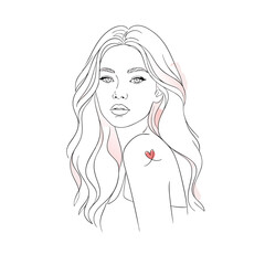 Minimalist line art portrait of a beautiful woman with long wavy hair and a small heart tattoo isolated on white background