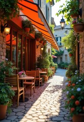 Obraz premium Charming European Village Cafe with Warm Atmosphere and Rustic Design