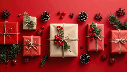 Christmas presents, holiday gifts on a red background, festive season greetings