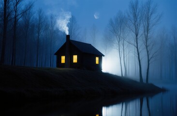 Mystical night landscape with illuminated cabin by tranquil foggy lake