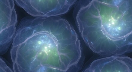 Microscopic view of cells with glowing centers and blue hues.