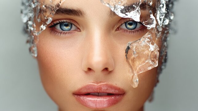 Striking Portrait of a Woman Surrounded by Icy Shards, Capturing Elegance and Beauty in Winter