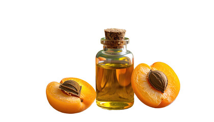 Apricot oil in a small glass bottle, with fresh apricots