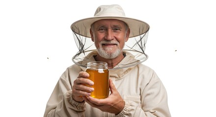 Happy Elderly Beekeeper Man Holding Jar Full of Fresh Honey Isolated on Transparent Background Professional