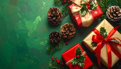 Christmas Gifts with Pine Cones and Holly Leaves on a Green Background